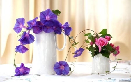 Beautiful purple flowers and roses - beauty, fresh, background, roses, delicate, simple, vase, nature, white, purple, pink, beautiful, scenery, flowers, decoration