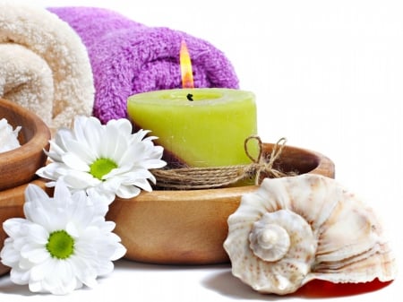 Bath decorations - towel, candle, shell, flowers