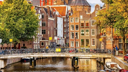 bridge over an amsterdam canal - trees, bicycles, canal, city, bridge