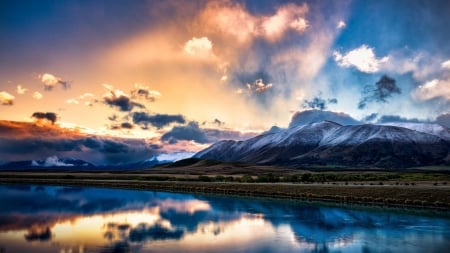 glorious new zealand sunset - lake, mountains, clouds, reflections, sunset