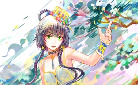 Lou Tianyi - beauty, green eyes girl, colorful, cute girl, painting, lou tianyi, pretty anime, flowers, cute, flower