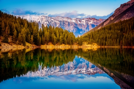 Mountain reflections - landscpe, landscape, forest, crystal, mountain, mirror, Canada, peak, cliffs, lake, sky, trees, beautiful, Alberta, tranquility, clear, serenity, rocks