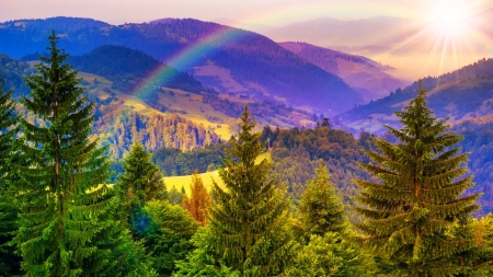 Rainbow over mountain - rainbow, view, landscape, hills, trees, mountain, rain, beautiful