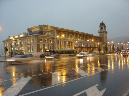 Trieste, Pescheria, Italy - reflections, lights, evening, city, building