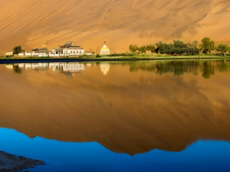 A Sand Dune - nature, lake, reflection, dune, house, pagoda