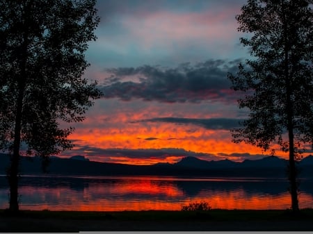 Lake Mountains - nature, lake, trees, clouds, twilight, mountains, sunset