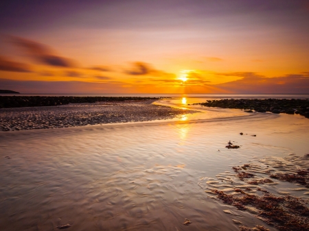 Sandy Beach - clouds, sunset, nature, sea, tide, reflection, rocks, sky