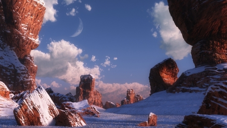 moon over snow covered rocks - moon, winter, snow, rocks, sky