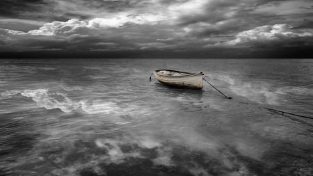 boat in a black and white stormy sea - clouds, boat, waves, sea, stormy, black and white