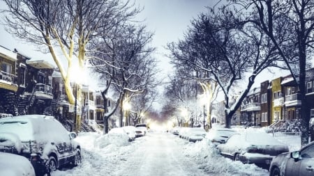 city street after a winter snow storm - street, cars, winter, snow, city, morning