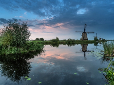 Lake in Reflection - clouds, trees, nature, lake, reflection, windmill, sky