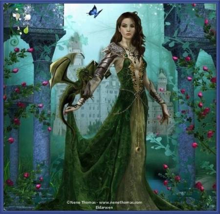 DRAGON WITCH - butterfly, female, green, dragon, flowers, dress