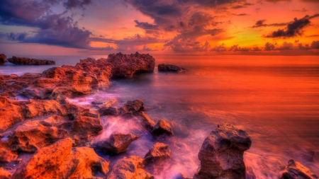 Wonderful Sunset - water, cloud, rocks, red