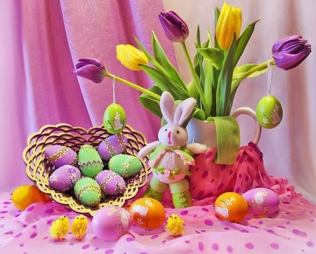 Easter still life - eggs, holidays, pink, Easter, Bunny, leaves, happy, flowers, purple, colored, other, abstract, multicolored, table, colors, still life, basket, colorful, tulips, background