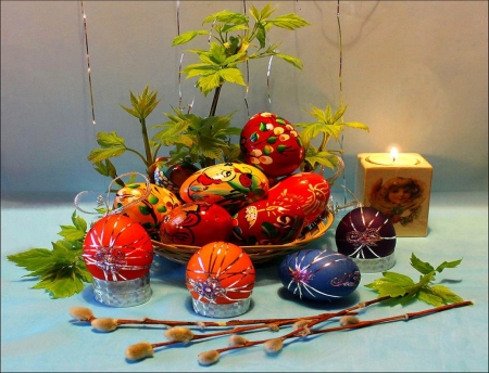 Colored eggs - candle, easter, basket, colored, still life, other, spring, colorfull, eggs, multicolored, abstract, red, holiday, leaves, happy