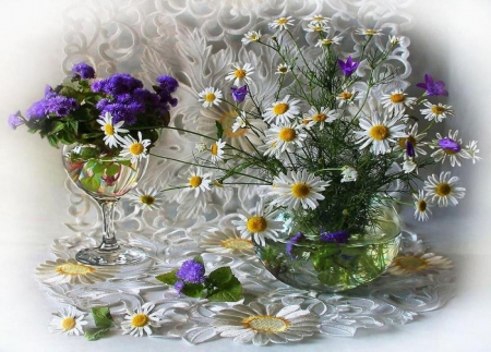 Daisies - beauty, glass, soft, still life, vase, nature, white, purple, simplicity, floral, daisies, wildflowers