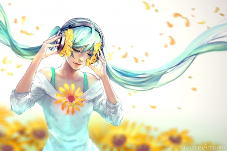 Hatsune Miku - flower, headphones, vocaloid, yellow, girl, wenqing yan, hatsune miku, blue