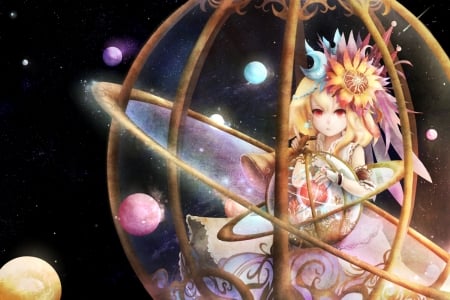 A new planet - anime, yellow, planet, girl, flower, pink, black, manga, zhang xiao bo