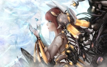 I miss you - anime, yellow, spirit, blue, girl, black, manga, fantasy, zhang xiao bo, cyborg, couple