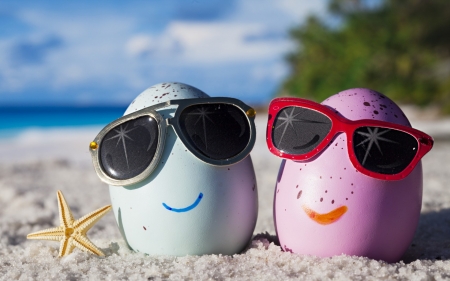 Happy Easter! - blue, beach, sea, pink, sand, easter, funny, egg, sunglasses