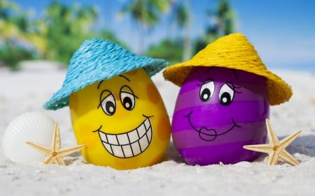 Happy Easter! - hat, yellow, blue, beach, sand, easter, purple, funny, egg