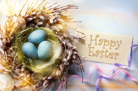 Happy Easter! - easter, nest, blue, spring, egg, card