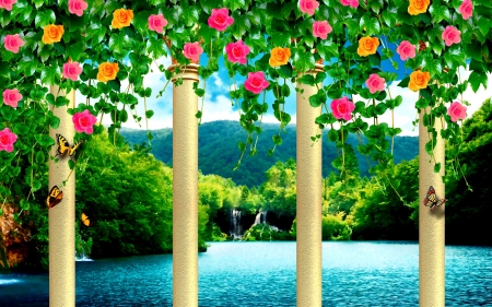 Forest Paradise - roses, trees, waterfalls, water, vines, butterflies, forest, mountain, columns, lake, paradise, pillers