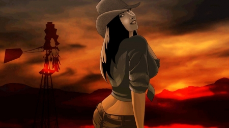 Country Sunset - sky, hat, cowgirl, clouds, windmill, brunette, sunset