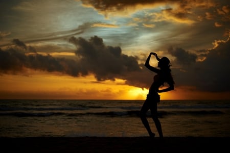 Sunset - woman, beach, silhouette, hat, sunset, summer, black, cloud, orange, sea