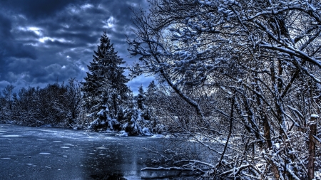 frozen lake in winter hdr - ice, trees, winter, hdr, lake