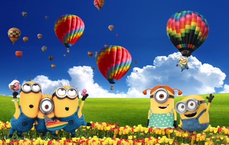 Summer Minions #4 - hot air balloons, Despicable Me, summer, flowers, funny, cute, field, minions, sky