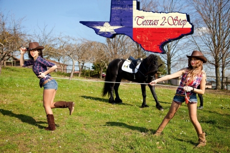 Texas 2-Step... - girls, women, style, fun, models, female, cowgirl, fashion, boots, hats, brunettes, western, horses, saddles, barns