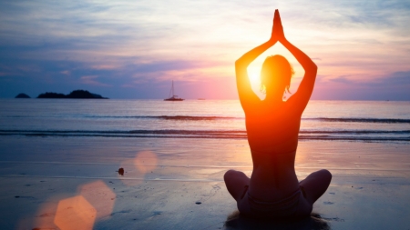 Surya Namaskara - photography, girl, pose, sea, light, yoga, sun