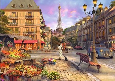 Paris Streetlife 2 - paris, tower, cars, eiffel, flowers, france