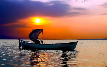 Boat Drifting on the Water - nature, clouds, sunset, sea, drifting, boat