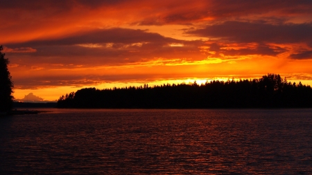 Midsummer Beach - clouds, trees, water, summer, beach, midsummer, orange, nature, finnish, lake