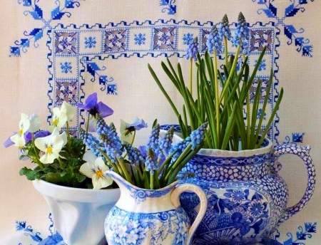 Still Life - flowers, pots, hyacinths, artwork, pansies