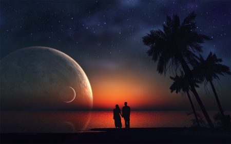 A Romantic Night - moon, beach, palm trees, lover