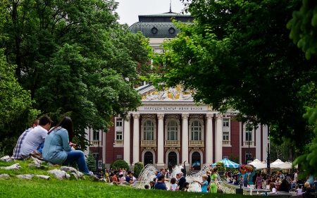 Ivan Vazov National Theatre in Sofia Bulgaria - house, city, trees, people