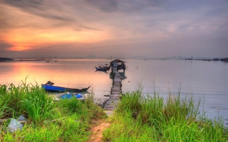 Coastline Sunset - path, water, clouds, boat, pier, sea, sun