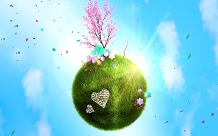 Spring on Earth - heart, blue, planet, earth, spring, pink, tree, white, green, cloud