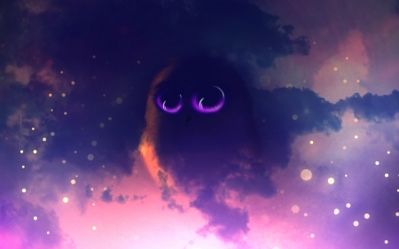 Owl nebula - bird, cosmos, eyes, pink, stars, nebula, owl, fantasy, purple, cloud, luminos, sky