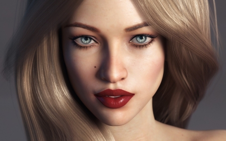 Beauty - woman, beauty, rendering, lips, girl, blue eyes, fantasy, cg, face, red, blonde