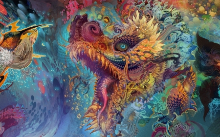 Dragon chasing a humming-bird - humming-bird, luminos, red, colibri, blue, dragon, orange, fantasy