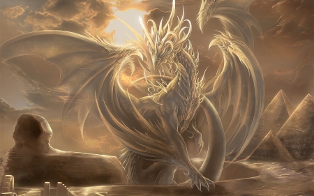 Dragon - egypt, sun, wings, sphinx, fantasy, spaceweaver, white, cloud, luminos, dragon