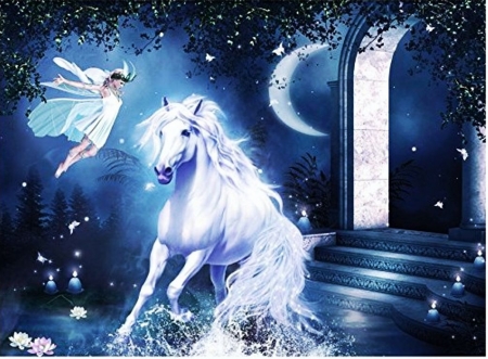 Mystic Night - stairs, moon, horse, light, artwork, fairy, flowers