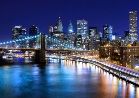 New York At Night - reflections, water, cityscape, bridge, lights