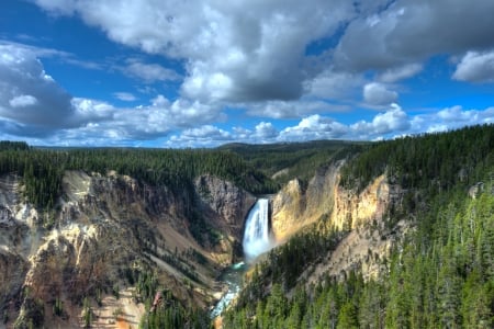 Waterfall - clouds, landscape, mountains, valley, sky