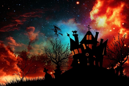 Witch House - witch, cat, silhouette, halloween, house