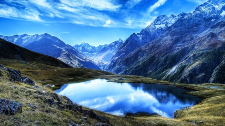 PERFECT REFLECTION - clouds, splendor, landscape, reflection, nature, lake, mountains, sky, rocks